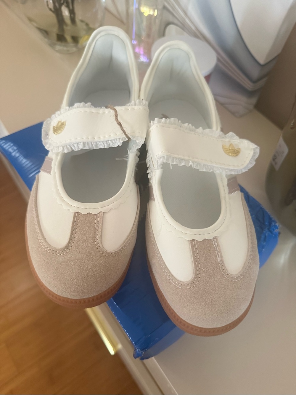 adidas Kids White and Tan Mary Jane Sneakers with Gum Sole